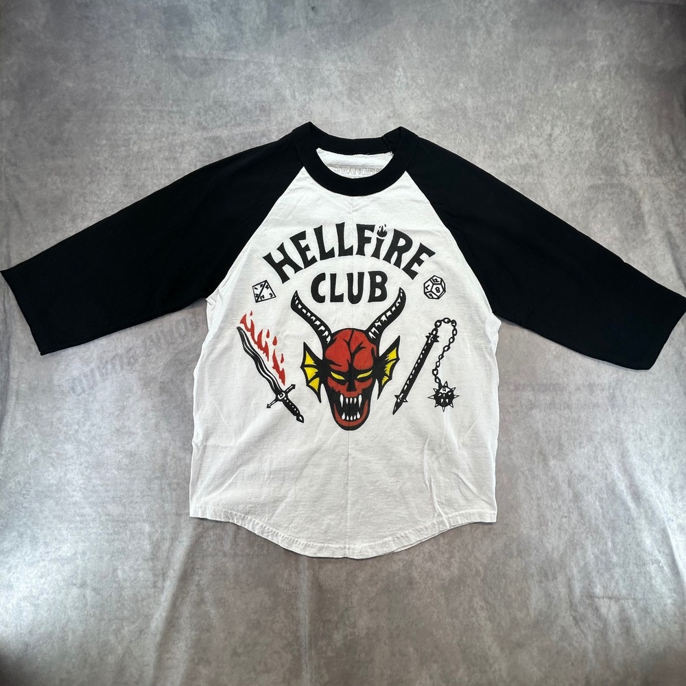 Stranger Things Hellfire Club Shirt Mens Size M White Black Raglan 3/4 Sleeve
